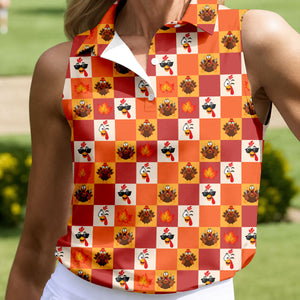Thanksgiving Pumpkin Checker Turkey Golf Shirt, Womens Golf Tops, Ladies Golf Shirts