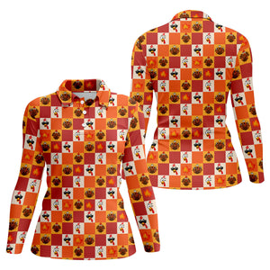 Thanksgiving Pumpkin Checker Turkey Golf Shirt, Womens Golf Tops, Ladies Golf Shirts
