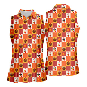 Thanksgiving Pumpkin Checker Turkey Golf Shirt, Womens Golf Tops, Ladies Golf Shirts