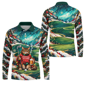 Aurora Cat Beer Christmas Golf Shirt, Mens Golf Shirts, Mens Holiday Golf Shirts