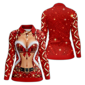Glitter Santa Bra Fur Trim Christmas Golf Shirt, Ladies Golf Shirts, Womens Golf Tops
