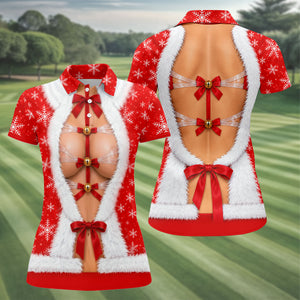 Ribbon Bells Busty Santa Christmas Golf Shirt, Womens Golf Clothing, Ladies Golf Tops