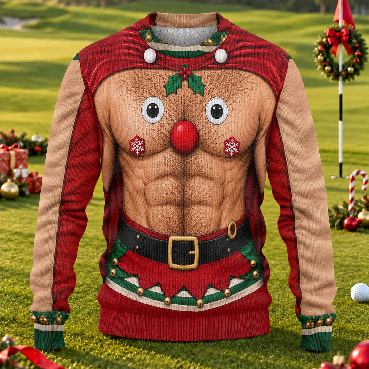 Reindeer Hairy Chest Abs Ugly Christmas Sweater, Christmas Gifts, Christmas Golf Gift