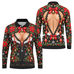 Poinsettia Busty Bells Christmas Golf Shirt, Mens Holiday Golf Shirts, Mens Golf Polo