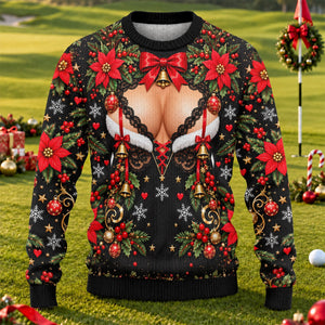 Poinsettia Busty Bells Ugly Christmas Sweater, Holiday Party Sweater, Funny Xmas Gift