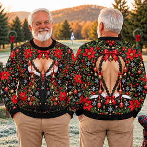 Poinsettia Busty Bells Ugly Christmas Sweater, Holiday Party Sweater, Funny Xmas Gift