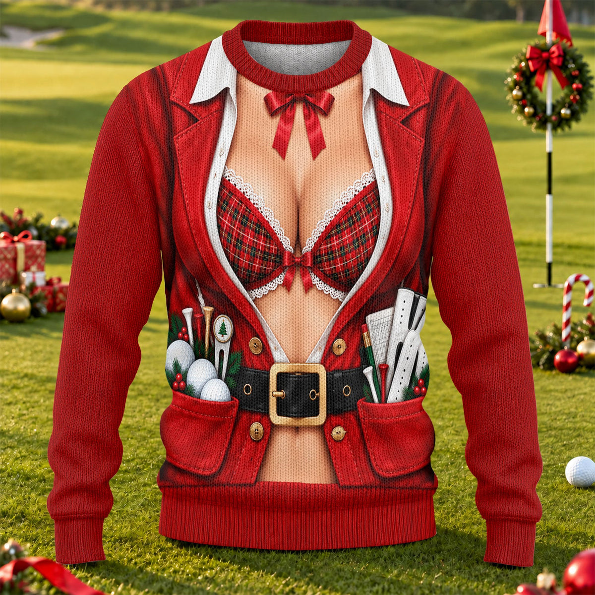 Plaid Bra Santa Suit Ugly Christmas Sweater, Christmas Golf Gift, Ugly Sweater Party
