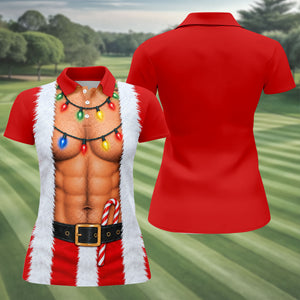 Santa Abs Lights Candy Cane Christmas Golf Shirt, Womens Golf Tops, Ladies Golf Tops