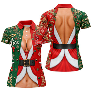 Nice Naughty Busty Santa Christmas Golf Shirt, Womens Golf Tops, Womens Golf Apparel
