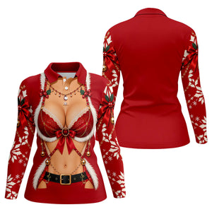 Red Lace Bra Harness Santa Christmas Golf Shirt, Ladies Golf Tops, Womens Golf Shirts