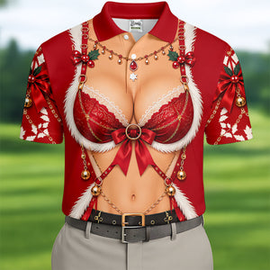 Red Lace Bra Harness Santa Christmas Golf Shirt, Mens Golf Apparel, Golf Polo For Men