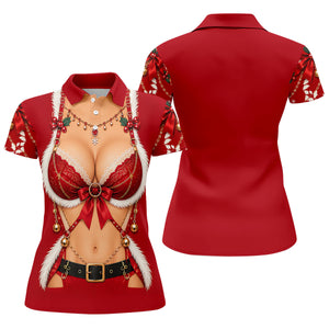 Red Lace Bra Harness Santa Christmas Golf Shirt, Ladies Golf Tops, Womens Golf Shirts