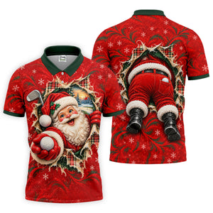 Santa Breaks Through Plaid Christmas Golf Shirt, Golf Gifts For Men, Mens Golf Polo