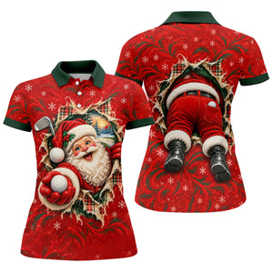 Santa Breaks Through Plaid Christmas Golf Shirt, Womens Golf Shirts, Womens Golf Tops