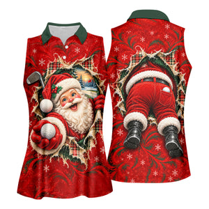 Santa Breaks Through Plaid Christmas Golf Shirt, Womens Golf Shirts, Womens Golf Tops