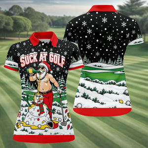 Suck At Golf Santa Beer Christmas Golf Shirt, Womens Golf Shirts, Ladies Golf Apparel