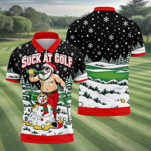 Suck At Golf Santa Beer Christmas Golf Shirt, Funny Mens Golf Shirts, Mens Golf Polo