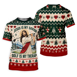 Jesus Savior Golf Therapy Christmas Golf Shirt, Mens Golf Shirts, Mens Golf Apparel
