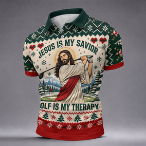 Jesus Savior Golf Therapy Christmas Golf Shirt, Mens Golf Shirts, Mens Golf Apparel