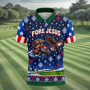 Fore Jesus Eagle Flag Christmas Golf Shirt, Golf Shirts For Men, Mens Golf Shirts