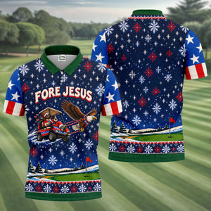 Fore Jesus Eagle Flag Christmas Golf Shirt, Golf Shirts For Men, Mens Golf Shirts