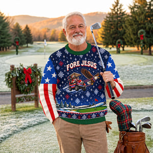 Fore Jesus Eagle Flag Ugly Christmas Sweater, Golf Lover Gifts, Funny Holiday Sweater