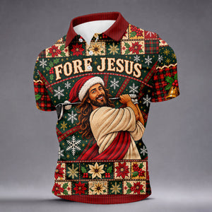 Fore Jesus Santa Hat Christmas Golf Shirt, Mens Golf Shirts, Mens Holiday Golf Shirts