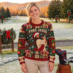 Fore Jesus Santa Hat Ugly Christmas Sweater, Christmas Sweater Gift, Golf Lover Gifts