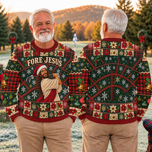 Fore Jesus Santa Hat Ugly Christmas Sweater, Christmas Sweater Gift, Golf Lover Gifts