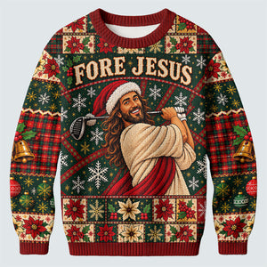 Fore Jesus Santa Hat Ugly Christmas Sweater, Christmas Sweater Gift, Golf Lover Gifts