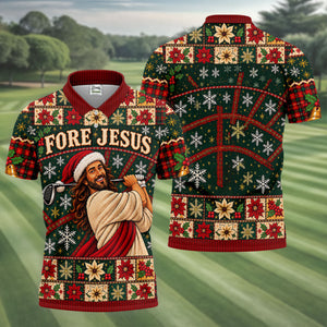 Fore Jesus Santa Hat Christmas Golf Shirt, Mens Golf Shirts, Mens Holiday Golf Shirts