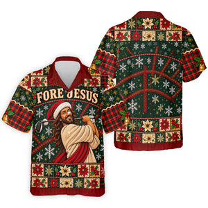 Fore Jesus Santa Hat Christmas Golf Shirt, Mens Golf Shirts, Mens Holiday Golf Shirts