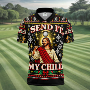 Send It My Child Jesus Christmas Golf Shirt, Mens Golf Polo, Mens Holiday Golf Shirts