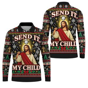 Send It My Child Jesus Christmas Golf Shirt, Mens Golf Polo, Mens Holiday Golf Shirts