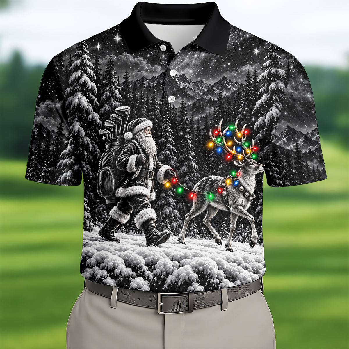 Santa Reindeer Lights Christmas Golf Shirt, Golf Polo For Men, Funny Mens Golf Shirts
