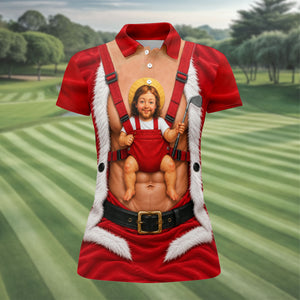 Santa Abs Baby Carrier Christmas Golf Shirt, Golf Shirts For Women, Womens Golf Tops