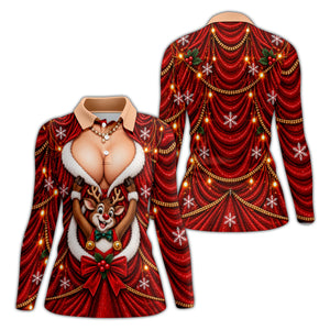 Busty Reindeer Santa Suit Christmas Golf Shirt, Womens Golf Tops, Ladies Golf Shirts