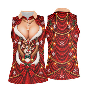 Busty Reindeer Santa Suit Christmas Golf Shirt, Womens Golf Tops, Ladies Golf Shirts