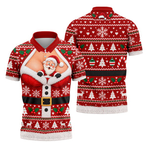 Santa Peeking Busty Knit Christmas Golf Shirt, Funny Mens Golf Shirts, Mens Golf Polo