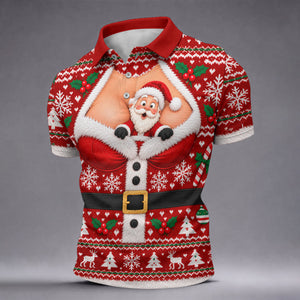 Santa Peeking Busty Knit Christmas Golf Shirt, Funny Mens Golf Shirts, Mens Golf Polo