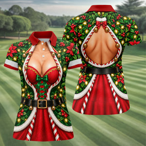 Holly Corset Busty Dress Christmas Golf Shirt, Ladies Golf Shirts, Womens Golf Shirts