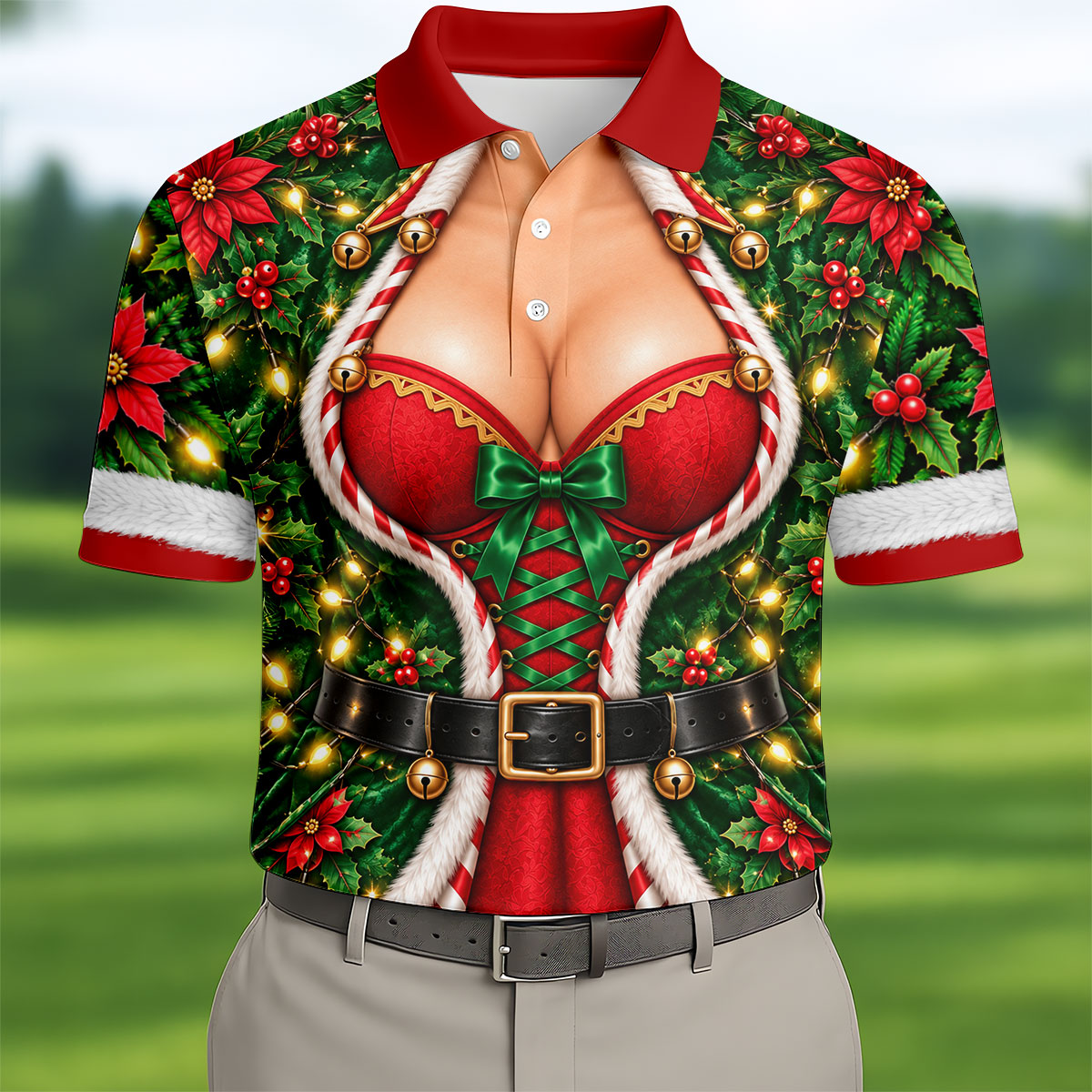 Holly Corset Busty Dress Christmas Golf Shirt, Golf Gifts For Men, Mens Golf Clothing