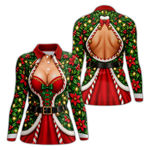 Holly Corset Busty Dress Christmas Golf Shirt, Ladies Golf Shirts, Womens Golf Shirts