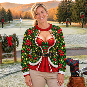 Holly Corset Busty Dress Ugly Christmas Sweater, Funny Xmas Gift, Christmas Golf Gift