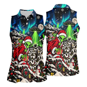 Alien Santa UFO Aurora Christmas Golf Shirt, Womens Golf Shirts, Womens Golf Clothing