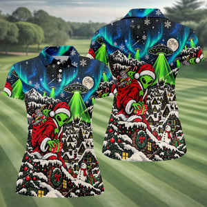 Alien Santa UFO Aurora Christmas Golf Shirt, Womens Golf Shirts, Womens Golf Clothing