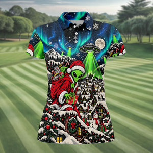 Alien Santa UFO Aurora Christmas Golf Shirt, Womens Golf Shirts, Womens Golf Clothing