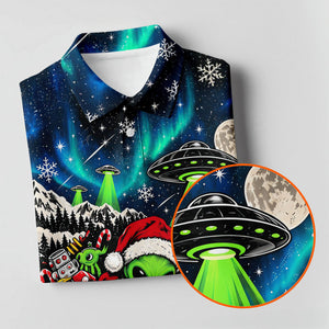 Alien Santa UFO Aurora Christmas Golf Shirt, Womens Golf Shirts, Womens Golf Clothing