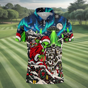 Alien Santa UFO Aurora Christmas Golf Shirt, Mens Golf Polo, Mens Holiday Golf Shirts