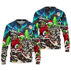 Alien Santa UFO Aurora Christmas Golf Shirt, Mens Golf Polo, Mens Holiday Golf Shirts